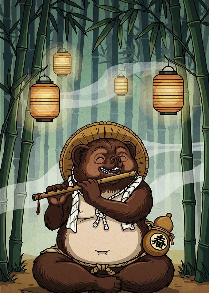 Tanuki playing flute in bamboo forest