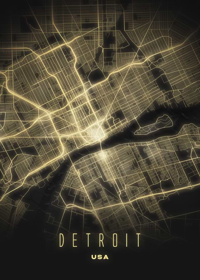 Detroit, USA - City Streets Glowing Network Map Print