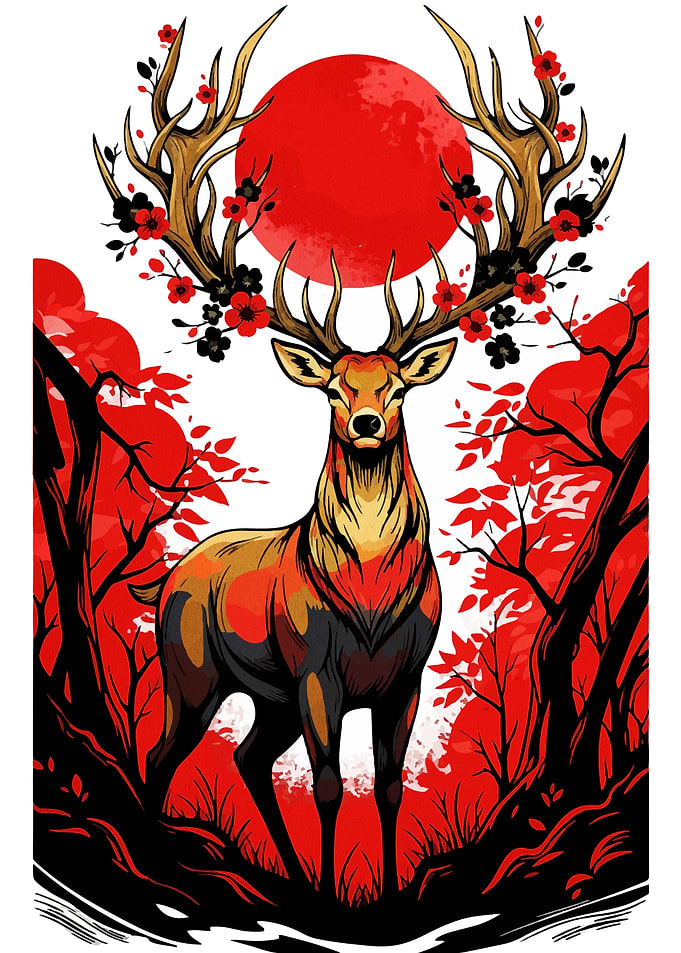 Deer with Flowers and Red Sun
