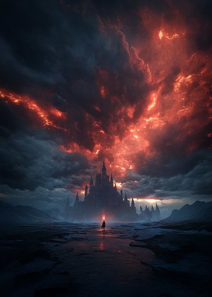 Dark Castle Under Fiery Sky
