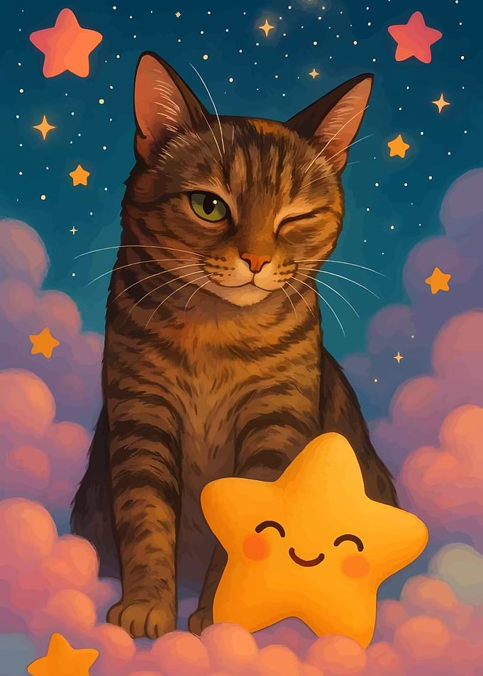 Winking Cat with Starry Night