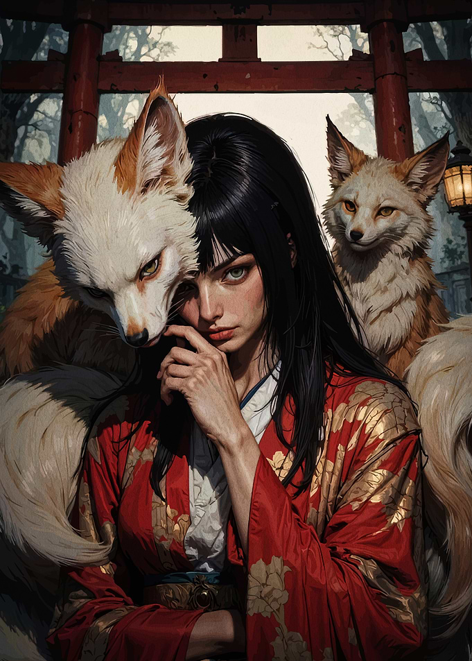 Woman with Foxes in Japanese Setting