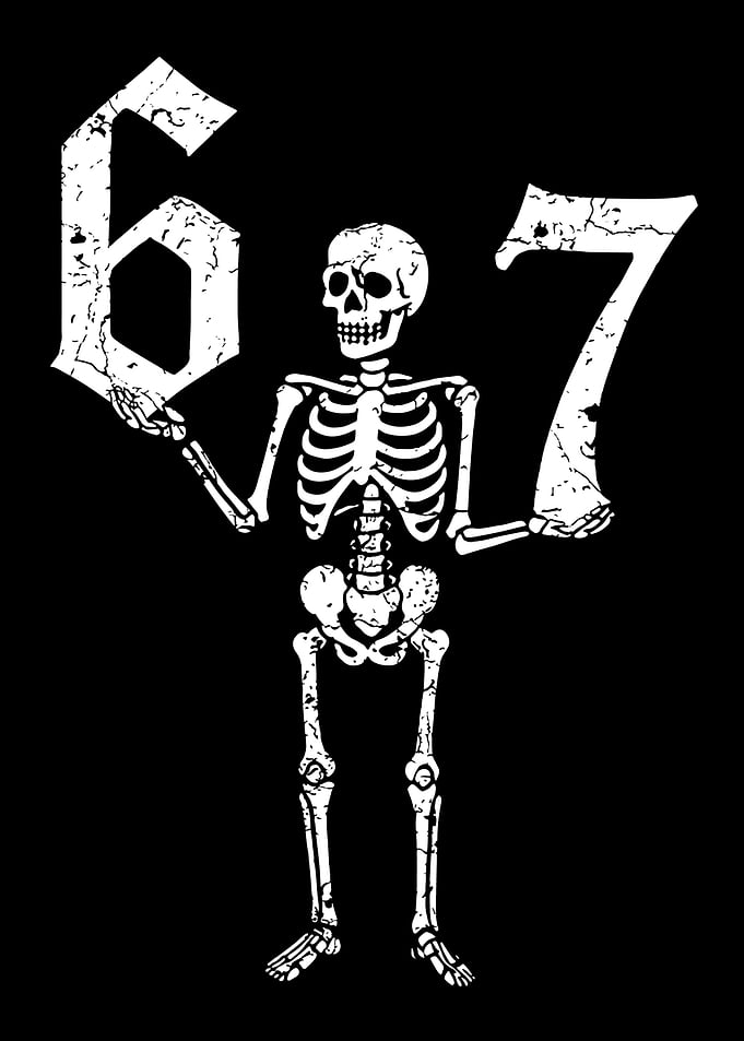 Skeleton Holding Numbers Six Seven