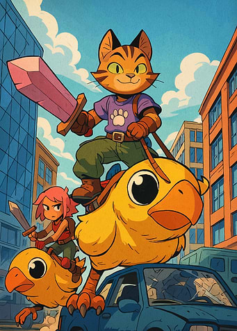 Cartoon Cat Riding Chocobo in City