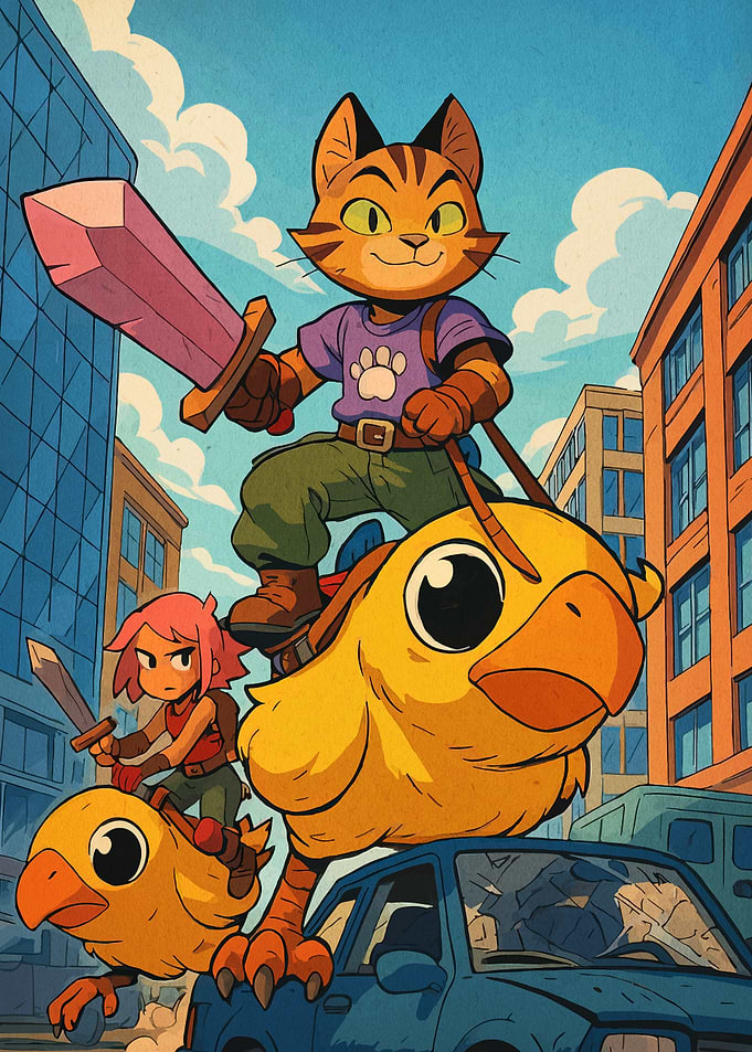 Cartoon Cat Riding Chocobo in City