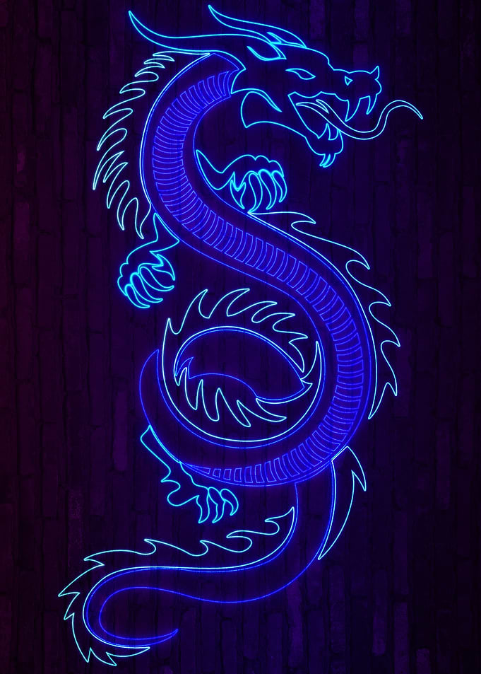 Neon Blue Dragon on Dark Background