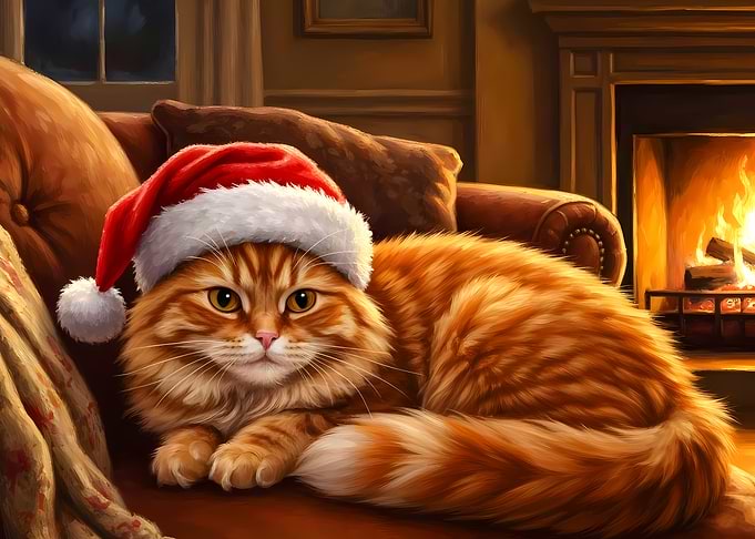 Fluffy Christmas Orange Cat by Fireplace
