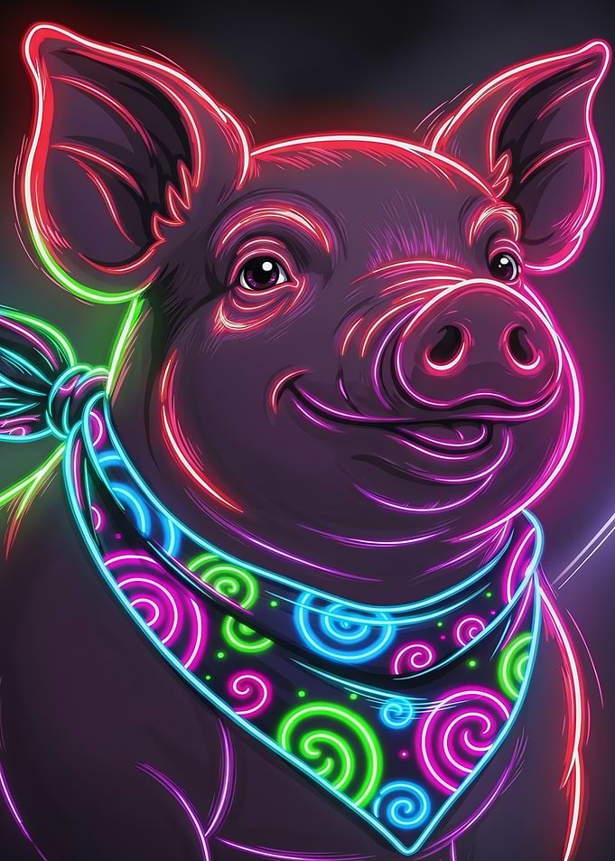 Neon Pig with Bandana Portrait