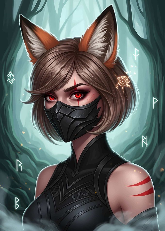 Fox-eared warrior with mask in forest