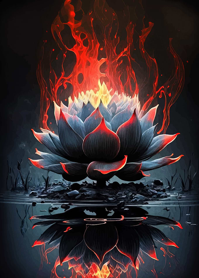 Fiery Lotus Flower in Dark Water
