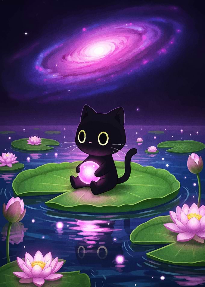Cosmic Cat on Lily Pad