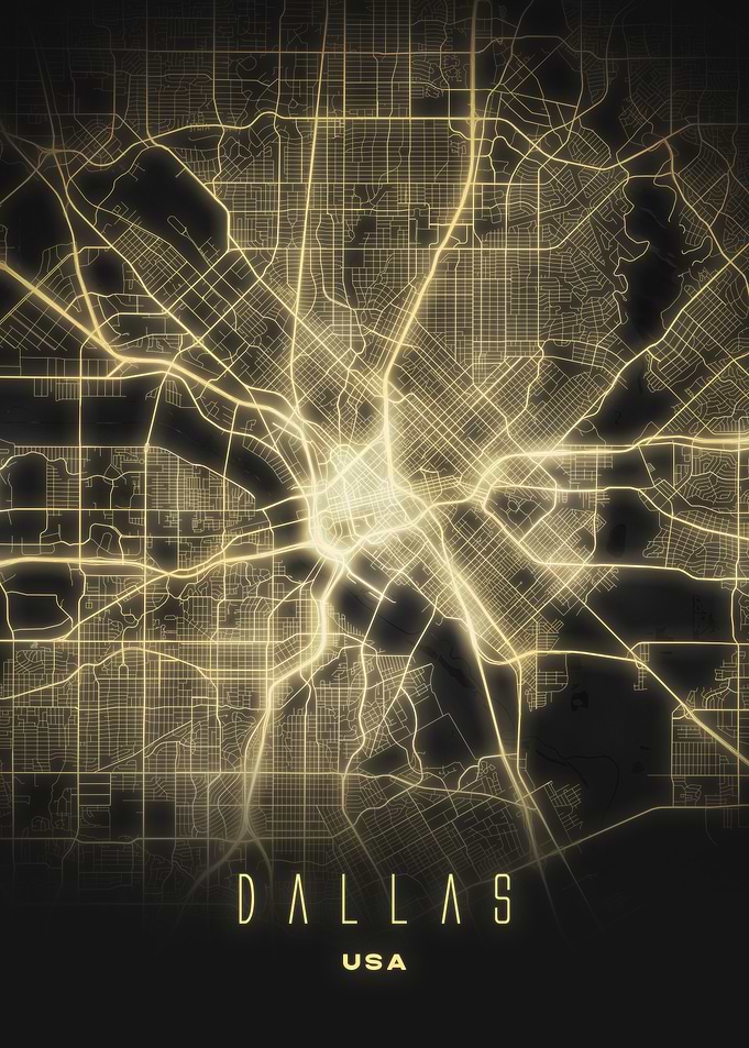 Dallas, USA - Glowing Urban Streets City Map