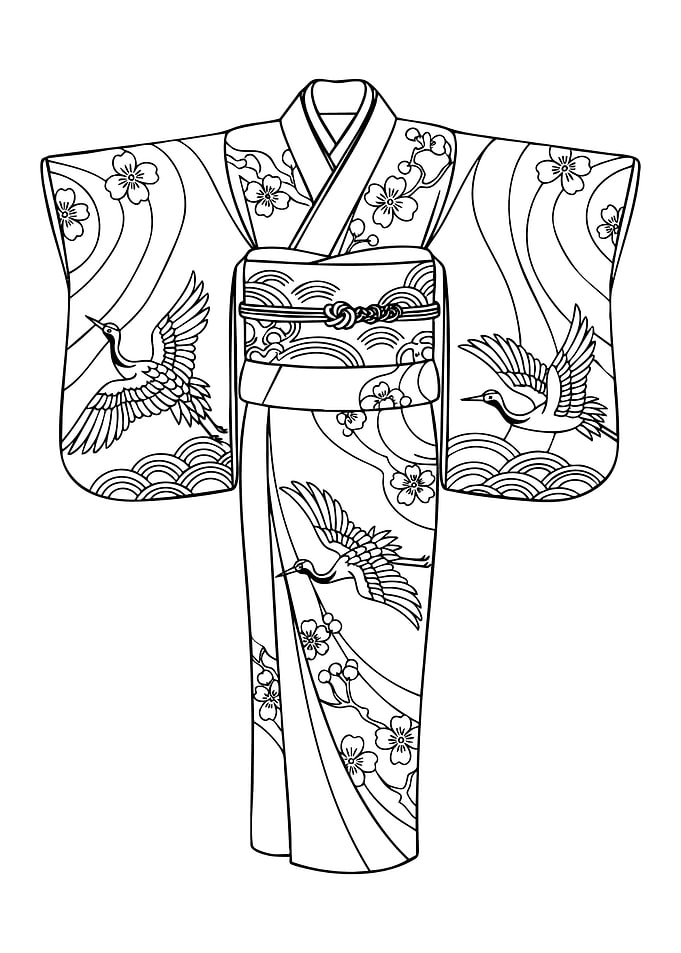 Kimono Outline with Cranes and Flowers