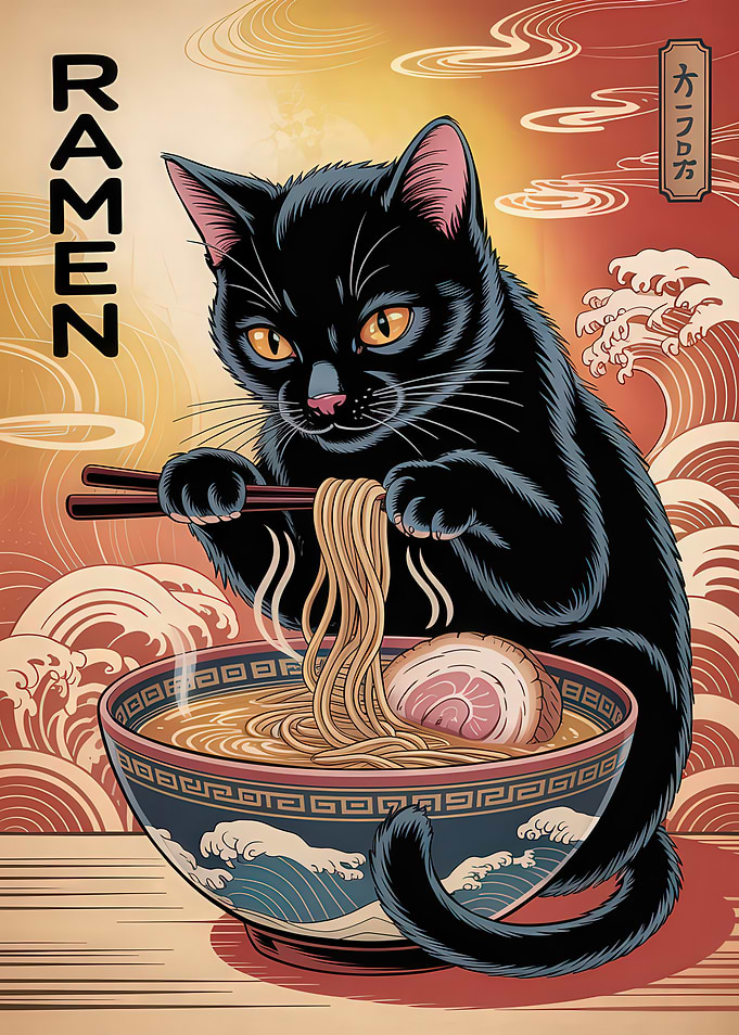 Black Cat Eating Ramen Illustration