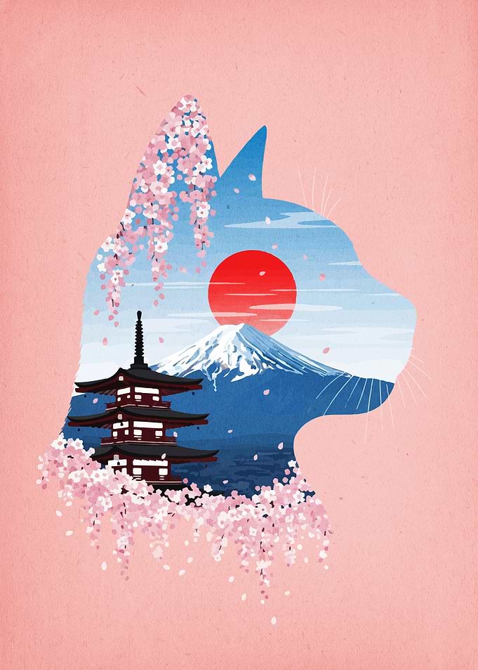 Japanese Cat Silhouette Landscape Art
