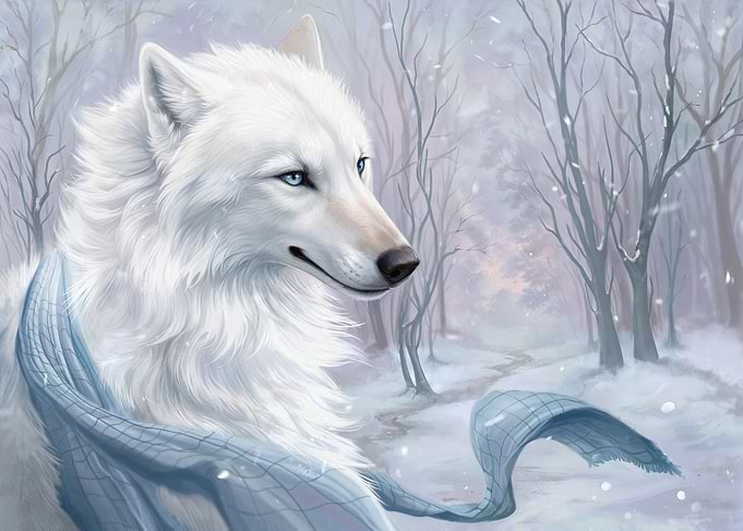 White Wolf in Winter Forest