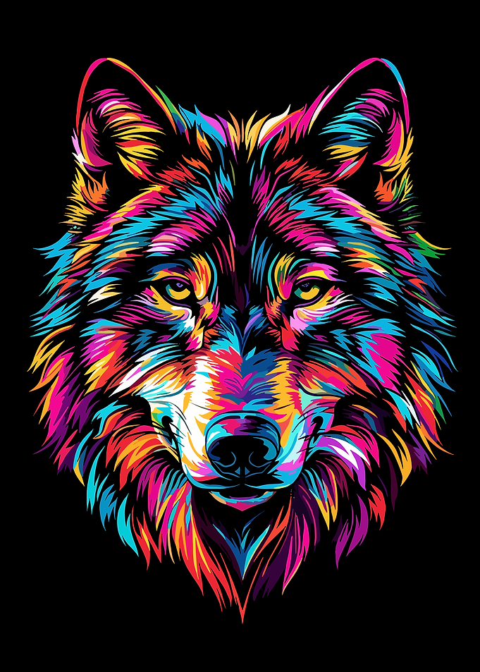 Colorful Wolf Portrait on Black Background