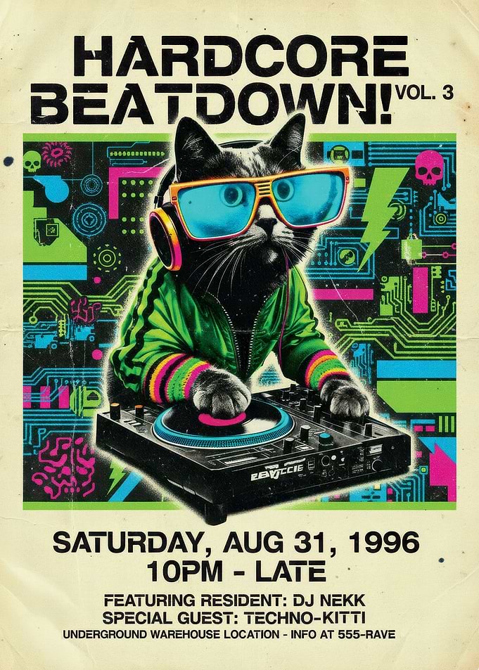 Hardcore Beatdown! Techno-Kitti DJ Poster