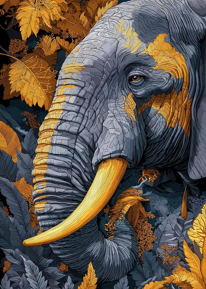 Elephant Portrait with Golden Foliage