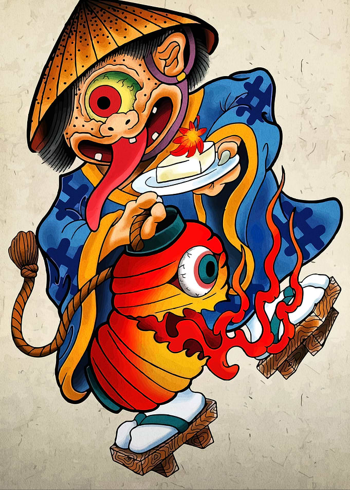 Japanese Yokai with Lantern and Tofu