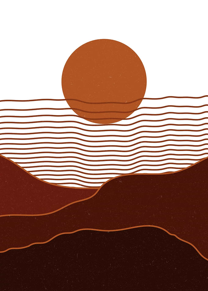 Minimalist Landscape with Sun and Waves