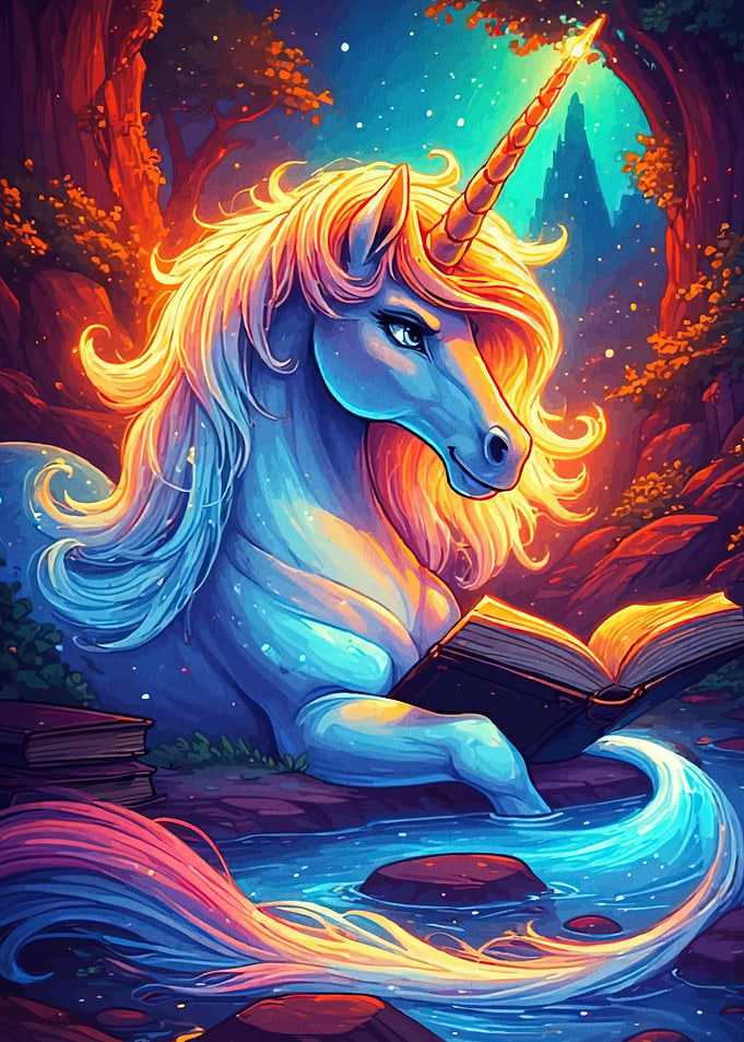 Unicorn Reading Book Magical Forest