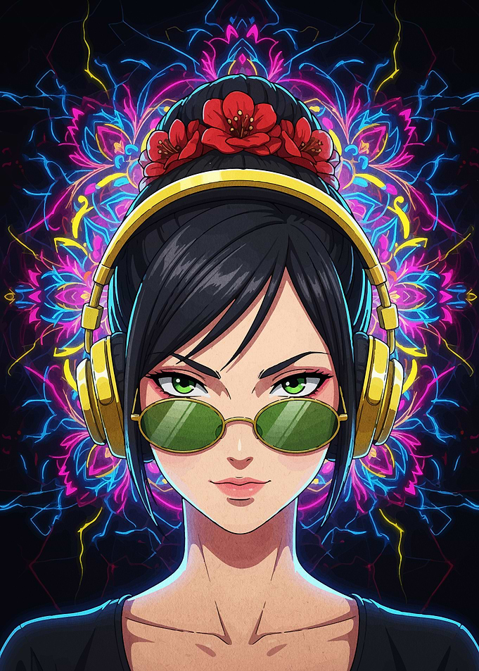 Anime Girl with Headphones and Flowers