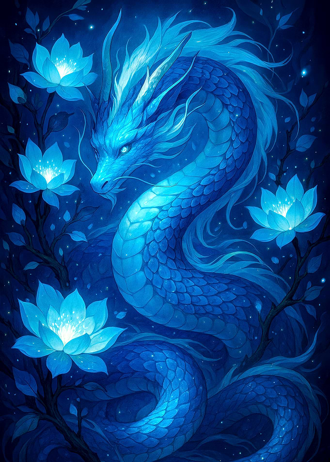 Blue Dragon and Lotus Flowers