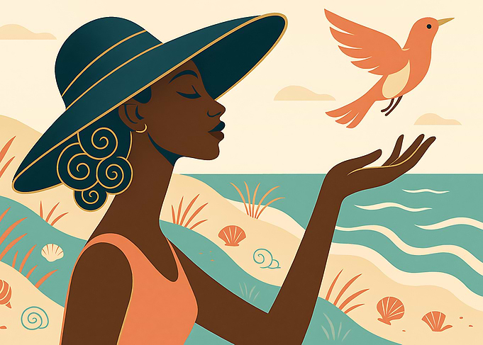 Black Woman in Hat Releasing Bird on Beach