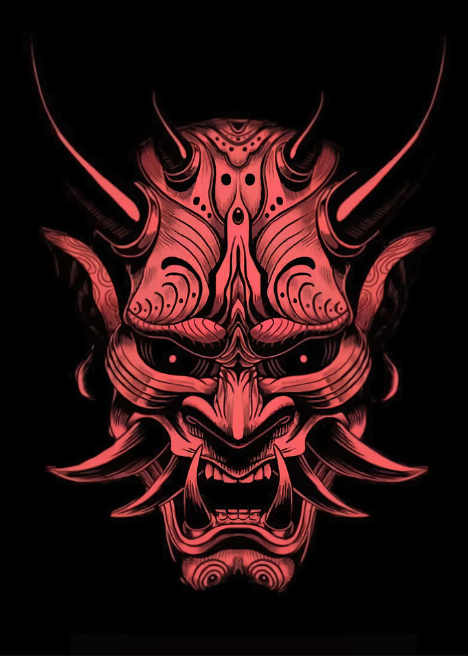 Red Oni Mask Illustration on Black