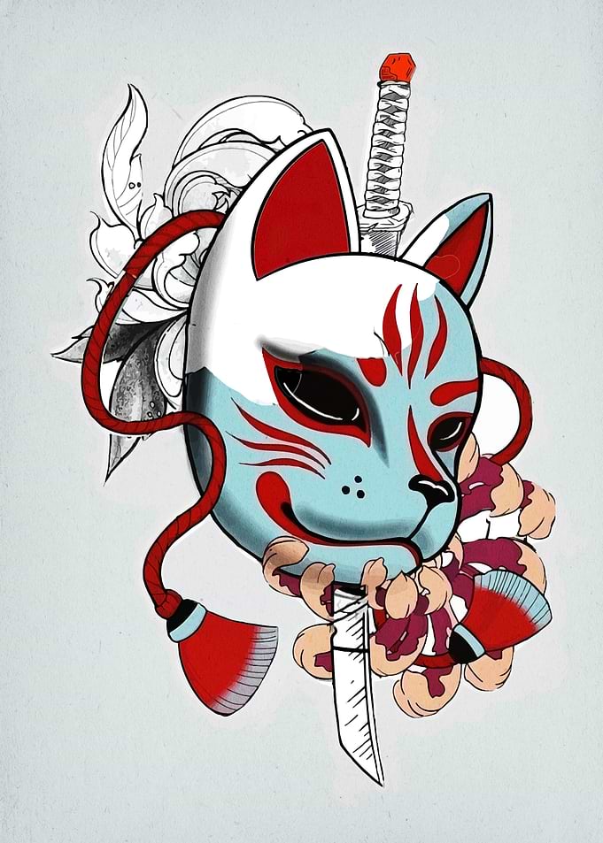 Kitsune Mask with Sword and Flowers
