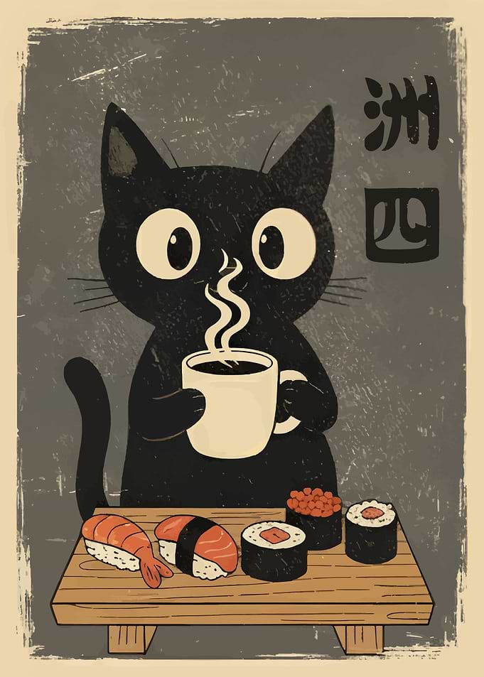 Cat with Coffee and Sushi