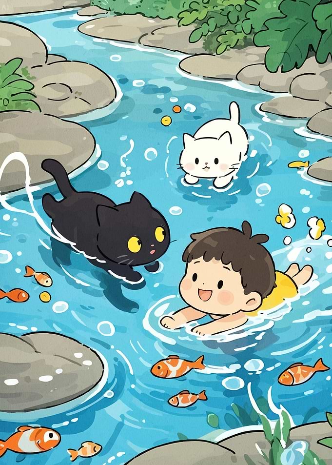 Boy and Cats Swimming River
