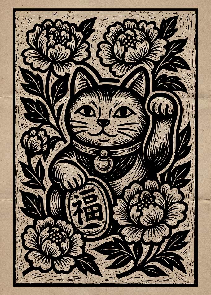 Maneki Neko with Flowers Woodcut Print