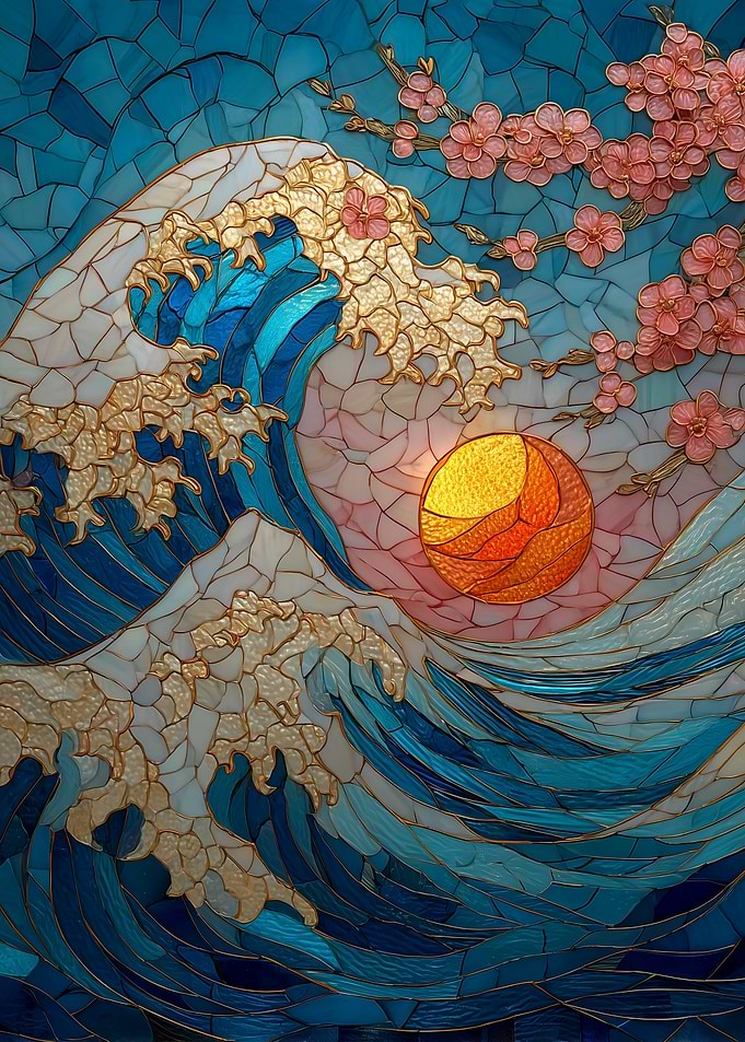 Mosaic Wave with Cherry Blossoms