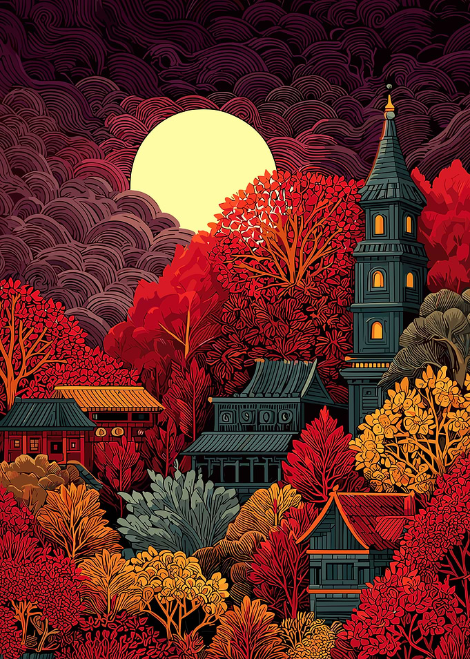 Japanese Landscape with Pagoda and Moon
