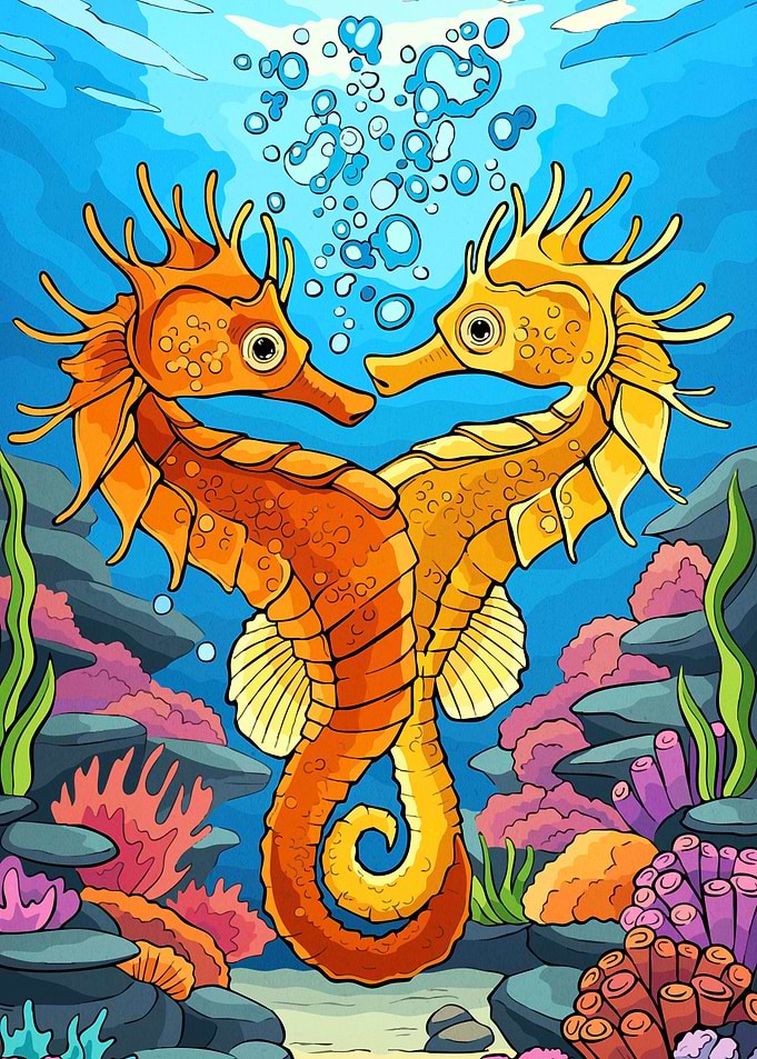 Two Seahorses Ocean Cartoon