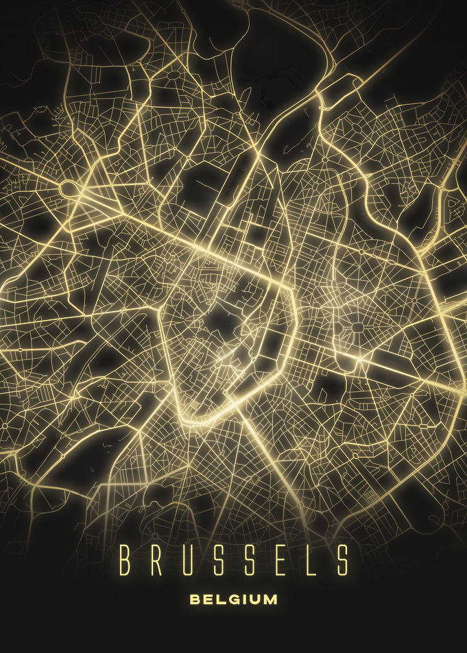 Brussels, Belgium - Night Glow City Map