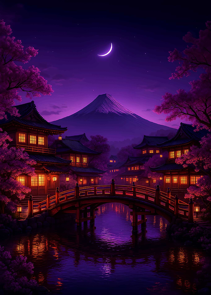 Nighttime Japanese Village with Mount Fuji
