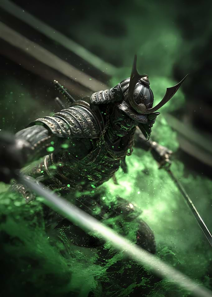 Samurai Warrior in Green Mist