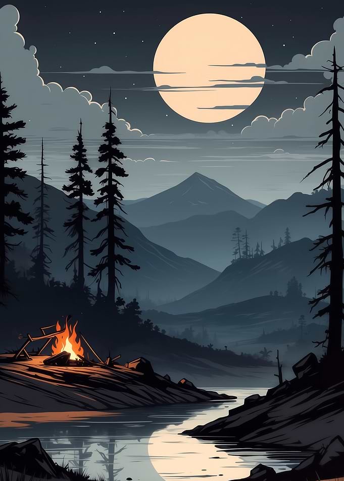 Night Campfire by River Landscape