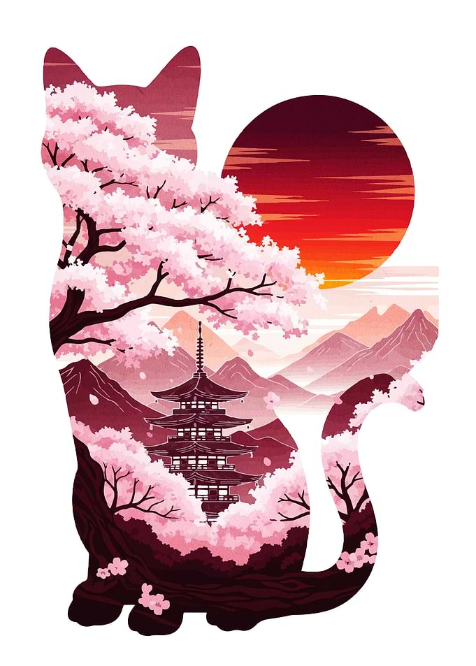 Cat Silhouette with Japanese Landscape