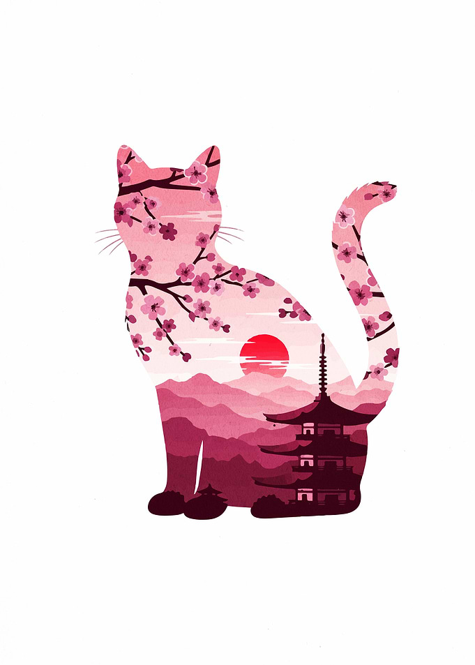 Cat silhouette with Japanese landscape