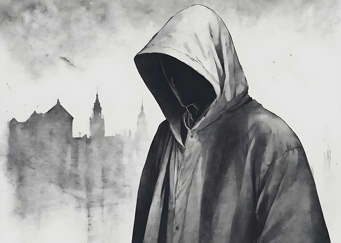 Hooded Figure in Monochrome Landscape