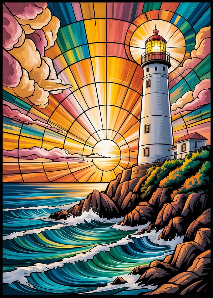 Stained Glass Meditation Serenity by a Glowing Lighthouse at Sunset