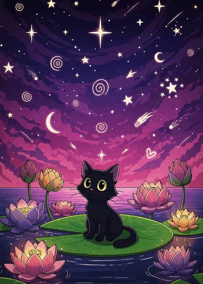 Black Cat on Lily Pad at Night