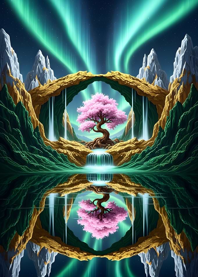 Cherry Blossom Tree Aurora Landscape