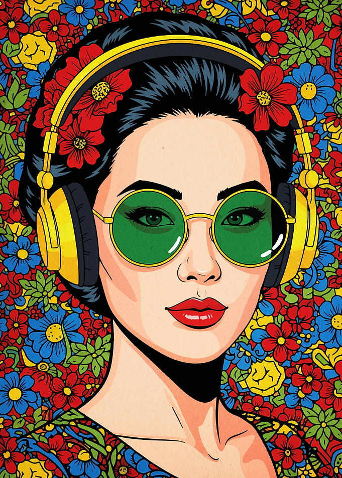 Floral Woman with Headphones and Glasses