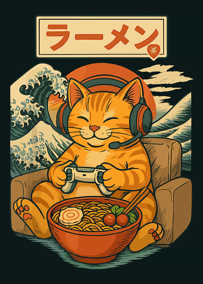 Gamer Cat with Ramen and Waves