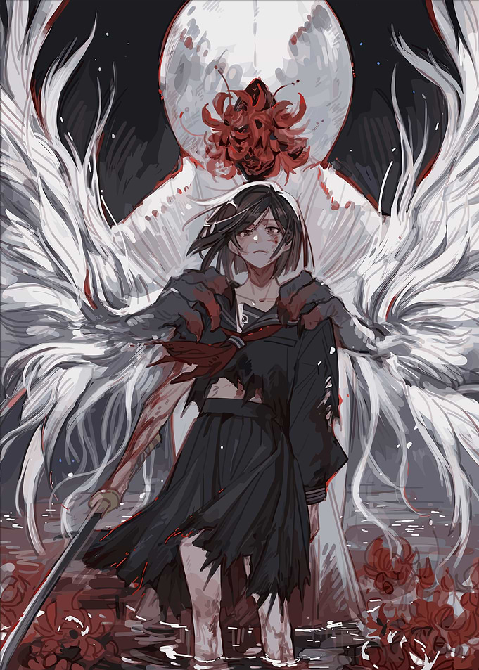 Dark Anime Girl with Sword and Wings